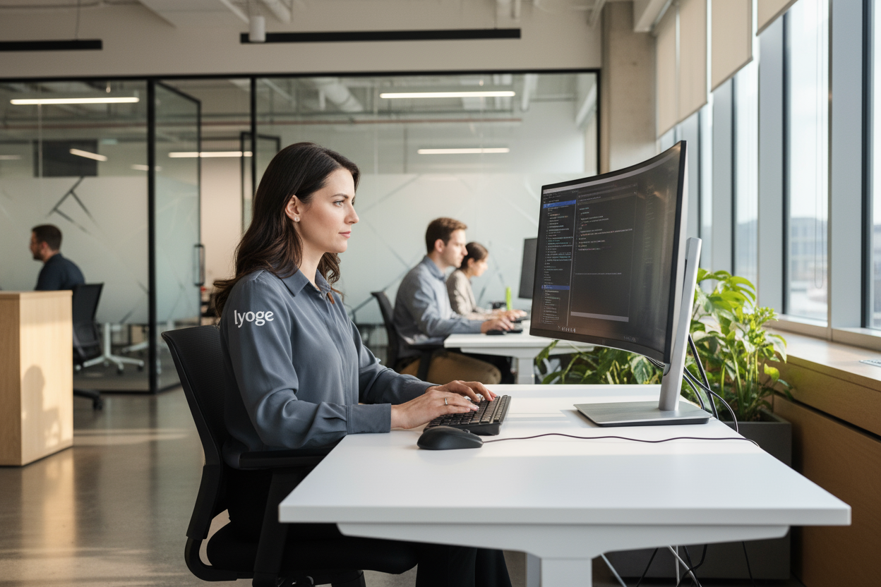 vrouw die werkt achter computer met logo op haar shirt met de naam lyoge